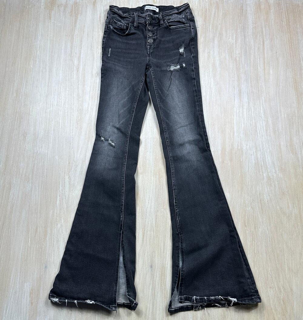 Flying Monkey Black Distressed Button Fly Split Hem High Rise Flare Jeans 25